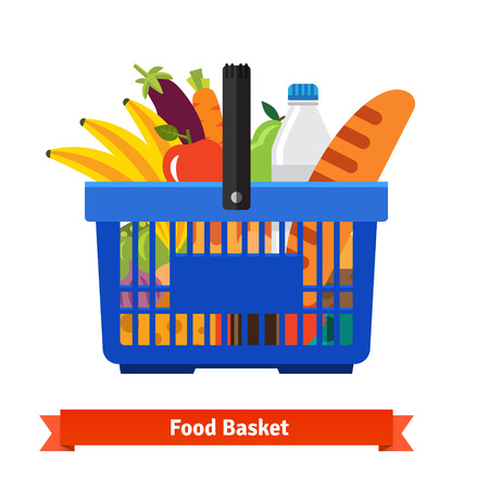 Shopping basket full of healthy organic fresh and natural food. Flat vector icon.のイラスト素材