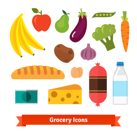 Classic vegetables, fruits and groceries flat vector icon set.のイラスト素材