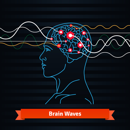 Brain waves. Electrodes connected to a man head. Mind power concept. Flat vector thin line icon.のイラスト素材