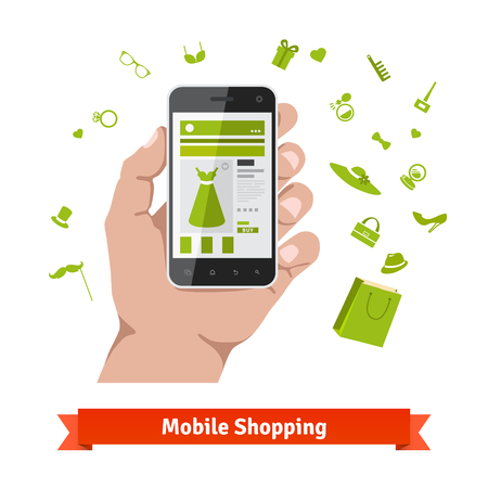 Woman mobile online shopping for accessories and cosmetics. Hand holding phone with product page and various retail wares icons. Flat illustration.のイラスト素材