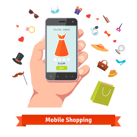 Woman mobile online shopping for accessories and cosmetics. Hand holding phone with product page and various retail wares colourful flat icons.のイラスト素材