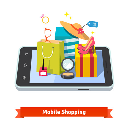 Woman mobile online shopping for accessories and cosmetics concept. Purchases in beautiful wrapped boxes, shopping bag and wares laying down on tablet computer. Flat vector illustration.のイラスト素材