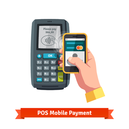 Mobile payment trough POS. Hand holding smartphone with pay app near terminal. のイラスト素材