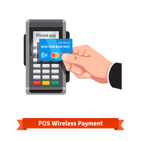 Man holding credit card in hand paying wireless over POS terminal.のイラスト素材