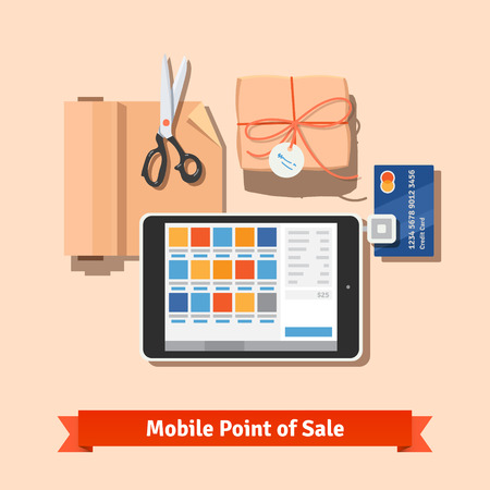 Small retail business payments: modern tablet POS terminal for credit card payments. Packaged purchase, wrapping paper and scissors. のイラスト素材