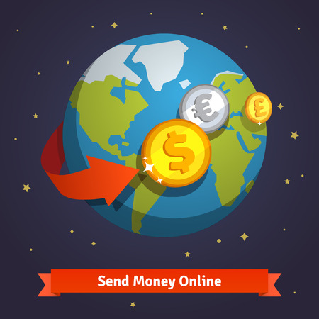 Send money online concept. Arrow around the earth in space. World currencies represented by coins flying above the globe. Flat style vector icon.のイラスト素材