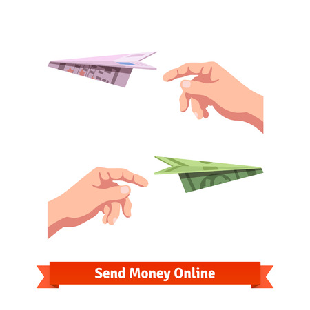Hands throwing a dollar and euro paper planes. Light-minded investment. Flat vector icon.のイラスト素材