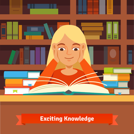 Young blonde girl reading a book in a library amazed and smiling holding hands on cheeks. のイラスト素材
