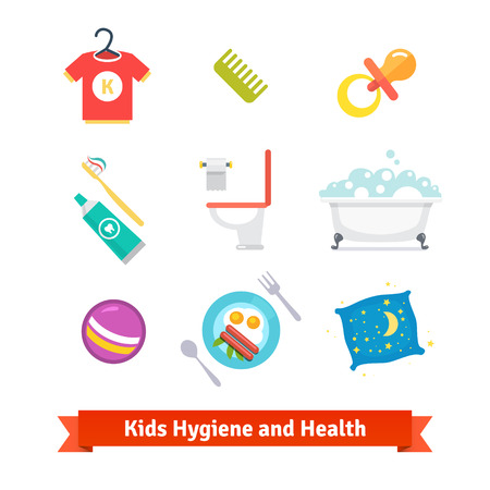 Illustrazione per Kids health and hygiene flat vector icons. - Immagini Royalty Free