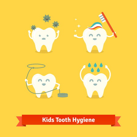 Children teeth care and hygiene cartoon flat vector icons.のイラスト素材