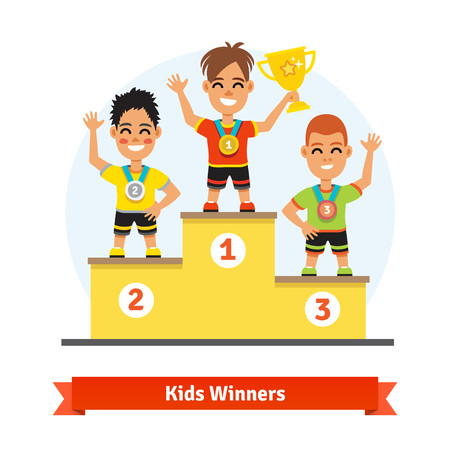 Kids sport winners standing on podium with medals and gold shining cup. のイラスト素材