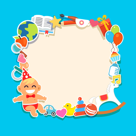  Infant in a bow tie and party hat. Toys and presents. Flat style vector illustration and icons.のイラスト素材