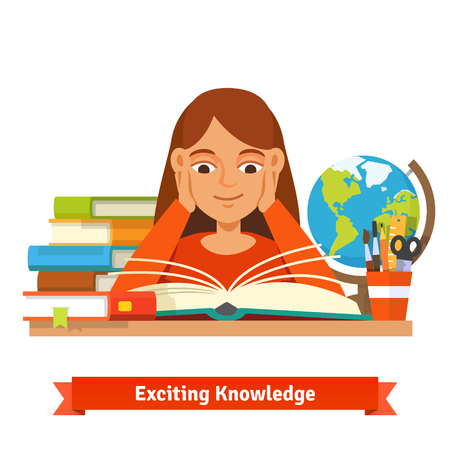 Young brown hair girl student reading a book smiling holding hands on cheeks.のイラスト素材