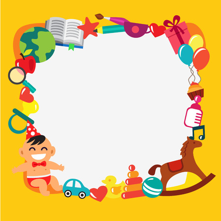 Cartoon kids frame. Infant in a bow tie and party hat. Toys and presents. Flat style vector illustration and icons.のイラスト素材