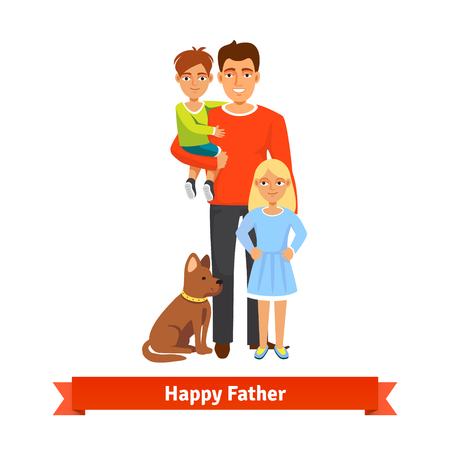Happy father holding his son in arms, daughter standing and dog siting at feet. Family parenting concept. Flat style vector illustration.のイラスト素材