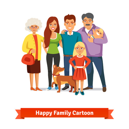 Big family standing together with happy smiles. Father, mother, doughter, baby, grandmother, grandfather and dog. Grandparents and their grandchildren. Flat style vector illustration.のイラスト素材