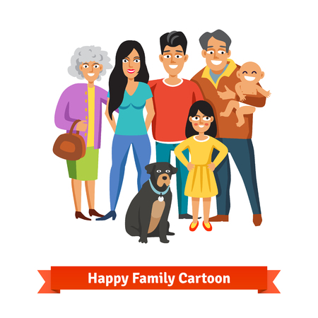 Big happy family standing together with smiles. Father, mother, doughter, baby, grandmother, grandfather and dog. Grandparents and grandchildren. Flat style vector illustration.のイラスト素材