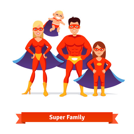 Super family. Superhero man father, woman mother, girl daughter and baby. Flat style vector illustration.のイラスト素材