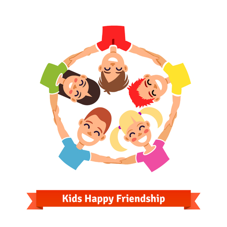 Group of kids holding hands in circle. Happy friendship and teamwork illustration. Flat style vector icon.のイラスト素材