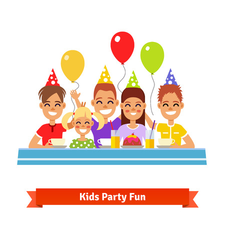 Group of happy smiling adorable kids having fun at birthday tea party. Flat style vector illustration.のイラスト素材