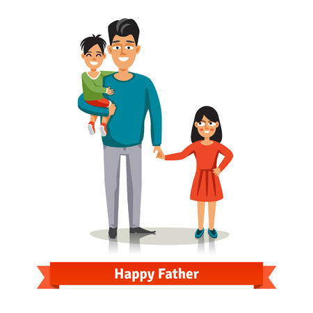 Father holding his son in arms and holding her daughter's hand. Happy family flat style vector illustration.のイラスト素材