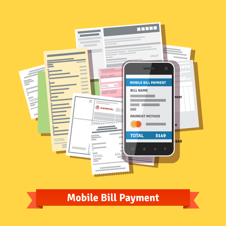 Online mobile smartphone bill payment. Phone laying down on heap of bills. Flat vector icon.のイラスト素材