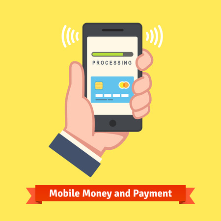 Mobile banking concept. Man hand holding a phone with payment app processing wireless transaction. Flat style vector illustration.のイラスト素材