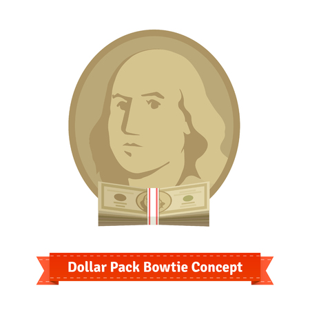 Franklin with dollar pack bow tie. Us dollar economy concept. Flat style icon.のイラスト素材