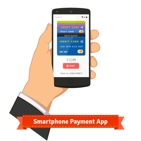 Hand holding smartphone with mobile payment app on screen. Flat style illustration or icon. EPS 10 vector.のイラスト素材