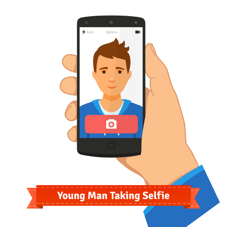 Young man taking selfie photo picture holding smart phone. Flat style illustration or icon. EPS 10 vector.のイラスト素材