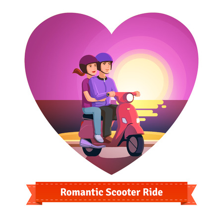 Couple on a scooter having a romantic scooter ride at the seashore sunset in a heart shape. Flat style illustration or icon. EPS 10 vector.のイラスト素材
