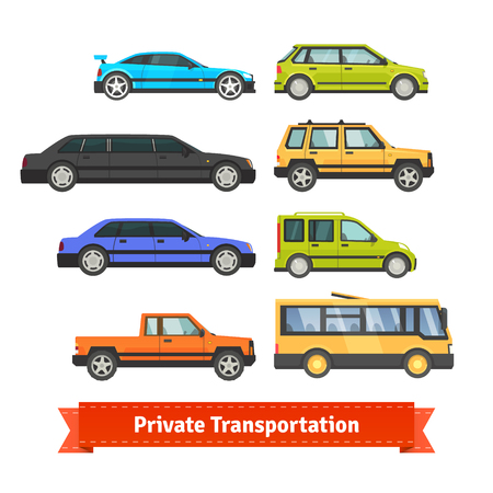 Private transportation. Set of various cars and vehicles. Flat style illustration or icon. EPS 10 vector.のイラスト素材