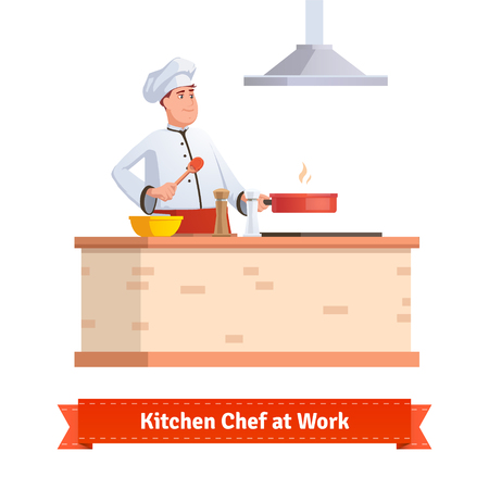 Chef cooking food. Frying in the pan at the kitchen table holding wooden spatula. Flat style illustration or icon. EPS 10 vector.のイラスト素材