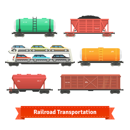 Railroad transportation set. Various train cars. Motorail, oil, ore, hopper cars. Flat style illustration or icon. EPS 10 vector.のイラスト素材