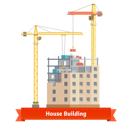 Construction of tenement house with two tower cranes lifting concrete slab and building materials. Flat style illustration or icon. EPS 10 vector.のイラスト素材