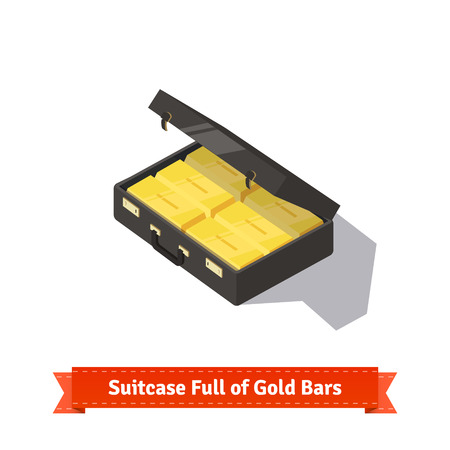 Suitcase full of gold bars. Stacks of dollars. Flat style isometric illustration. EPS 10 vector.のイラスト素材