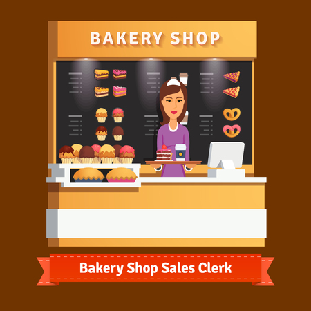 Young shop woman assistant serving a cake and cup of coffee at the cashier desk. Flat style illustration. EPS 10 vector.のイラスト素材