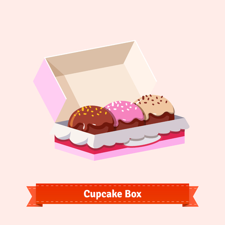 Tasty looking cupcakes in the cardbox. Three cakes in the box. Flat style illustration. EPS 10 vector.のイラスト素材