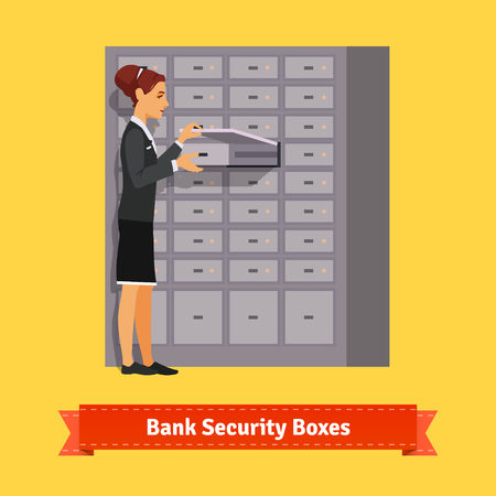 Bank clerk woman opening safe-deposit box. Flat style illustration. EPS 10 vector.のイラスト素材
