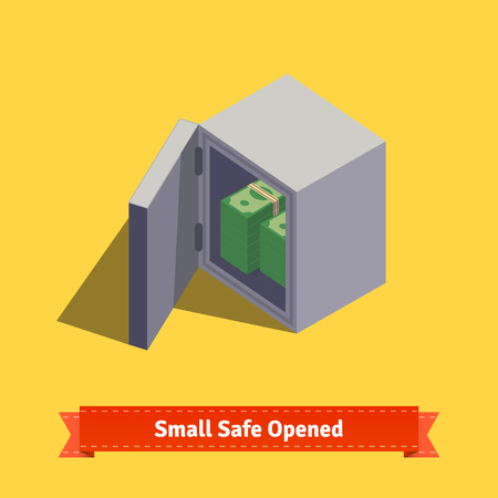 Small safe. Opened with money inside. Flat style isometric illustration. EPS 10 vector.のイラスト素材