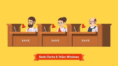 Three bank clerks at work. Teller windows with working professionals. Flat illustration. EPS 10 vector.のイラスト素材