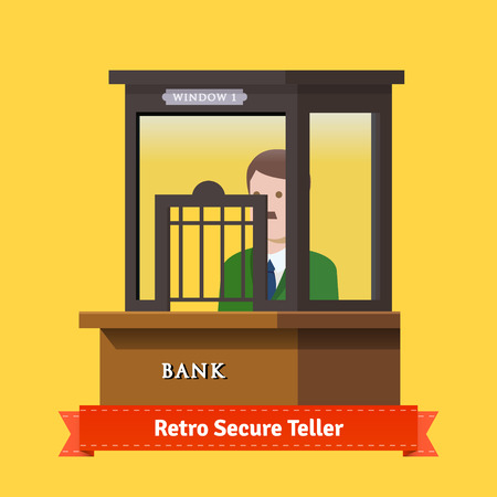 Retro secure caged teller window. Man working at teller window. Flat illustration. EPS 10 vector.のイラスト素材