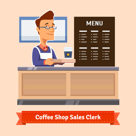 Young shop assistant serving a cup of coffee at the cashier desk. Flat illustration. EPS 10 vector.のイラスト素材