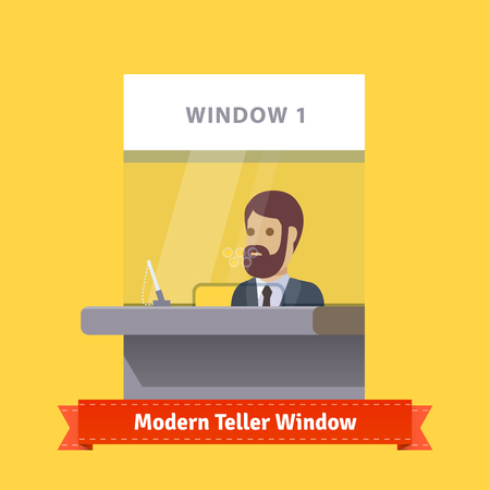 Modern teller window with a working bearded cashier. Flat illustration. EPS 10 vector.のイラスト素材