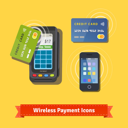 Wireless business payment flat icon set. Wireless POS terminal scanning a credit card and mobile phone with NFC. EPS 10 vector.のイラスト素材