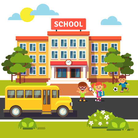 School building, bus and front yard with students children. Flat style vector illustration isolated on white background.