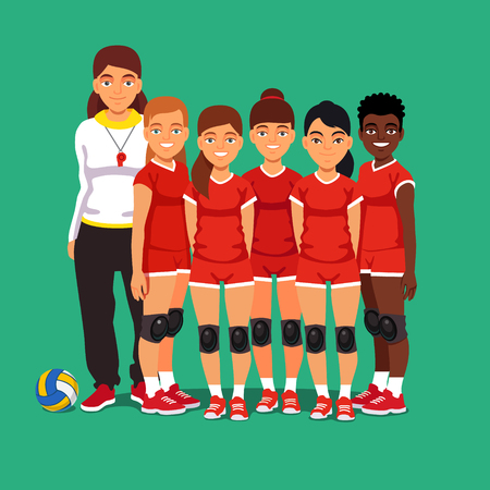 School women volleyball team. Girls standing with their coach. Flat style vector illustration isolated on green background.のイラスト素材