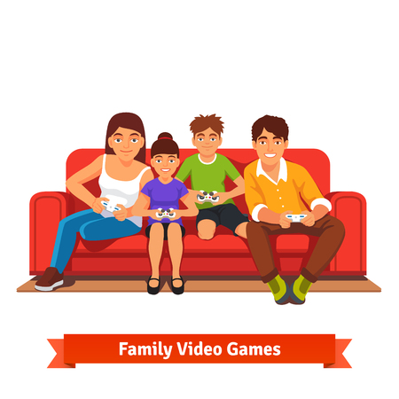 Family, mom, dad, son and daughter playing video games together sitting on a red sofa on day off. Flat style vector illustration isolated on white background.のイラスト素材