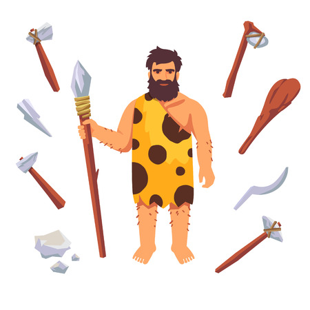 Stone age primitive man with wooden tools, axe, hammer, club, axe, spear. Flat style vector illustration isolated on white background.のイラスト素材