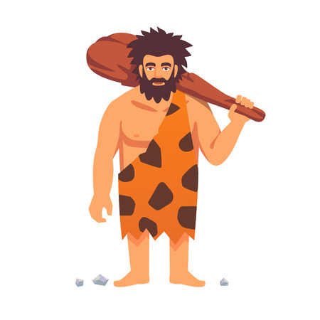 Stone age primitive man in animal hide pelt with big wooden club. Flat style vector illustration isolated on white background.